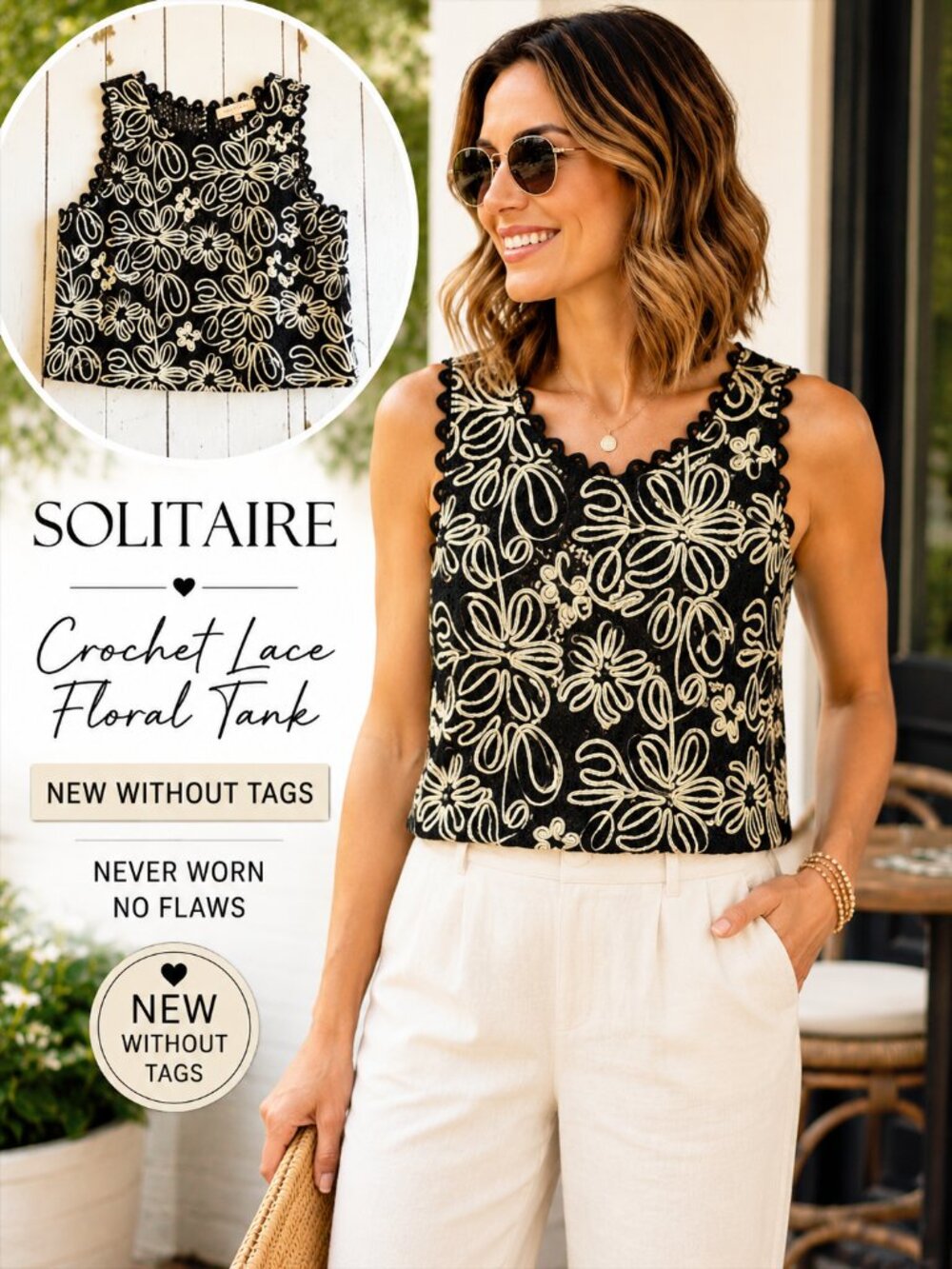 NWOT Solitaire Black Crochet Lace Floral Embroidered Tank Top Medium Boho Chic